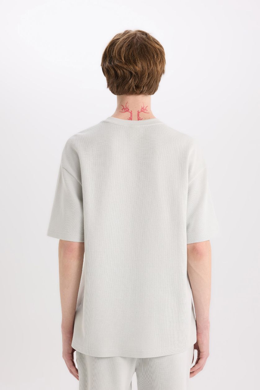 Erkek Açık Gri %100 Pamuk Boxy Fit Bisiklet Yaka Kısa Kollu Tişört