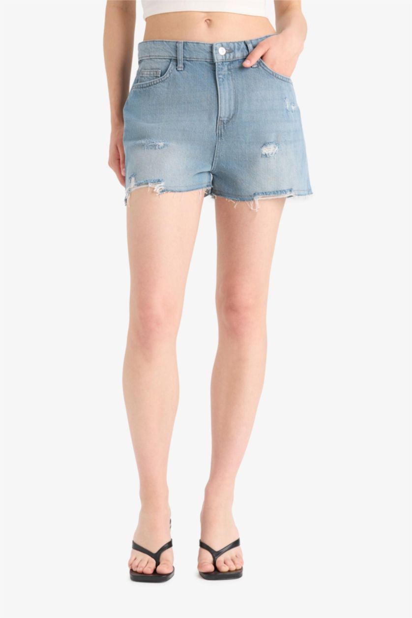 Kadın Gri Yüksek Bel Yırtık Detaylı Jean Şort