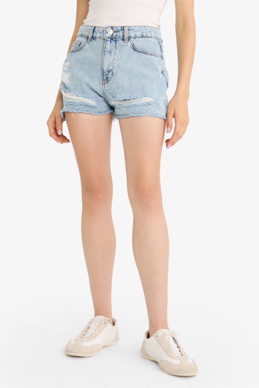 WOMAN Light Blue High Waist Crop Fit Denim Shorts