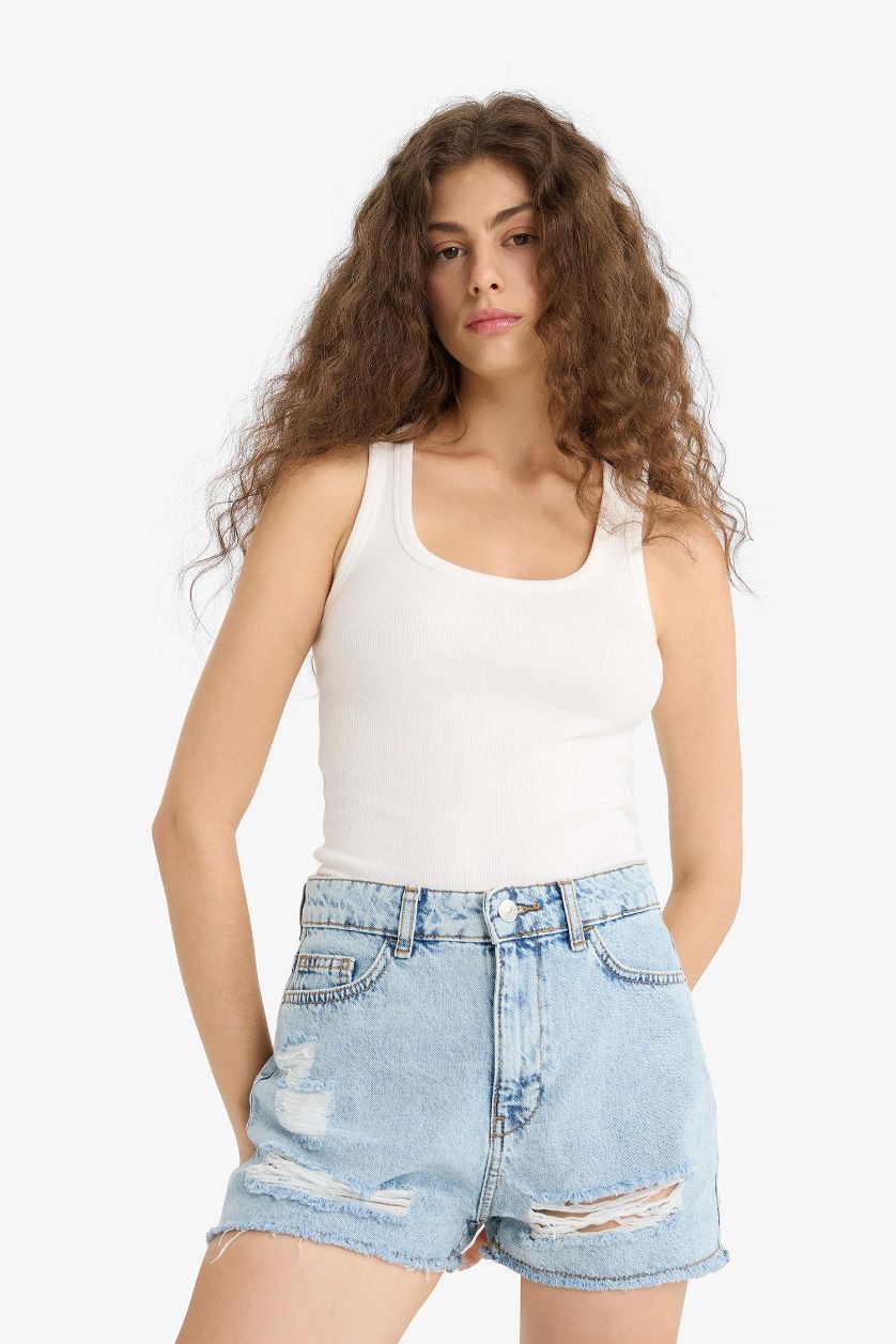 WOMAN Light Blue High Waist Crop Fit Denim Shorts