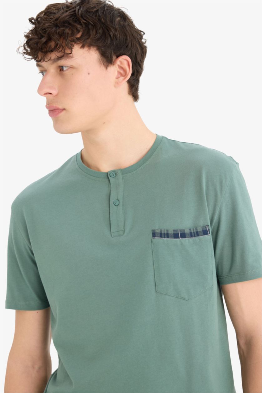 Erkek Yeşil %100 Pamuk Regular Fit Pijama Takımı Kısa Kollu Üst Kareli Uzun Alt