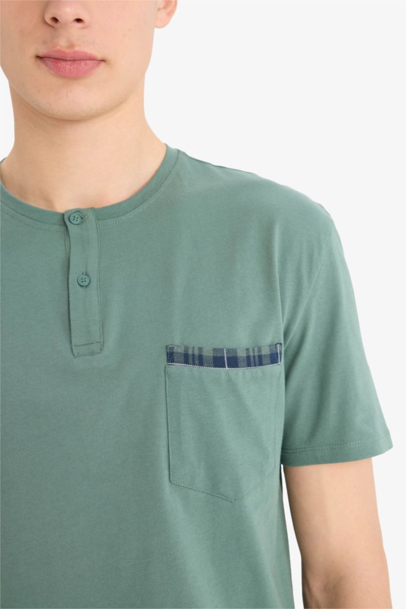 Erkek Yeşil %100 Pamuk Regular Fit Pijama Takımı Kısa Kollu Üst Kareli Uzun Alt