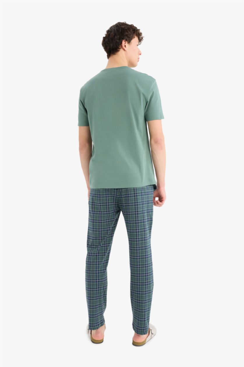 Erkek Yeşil %100 Pamuk Regular Fit Pijama Takımı Kısa Kollu Üst Kareli Uzun Alt