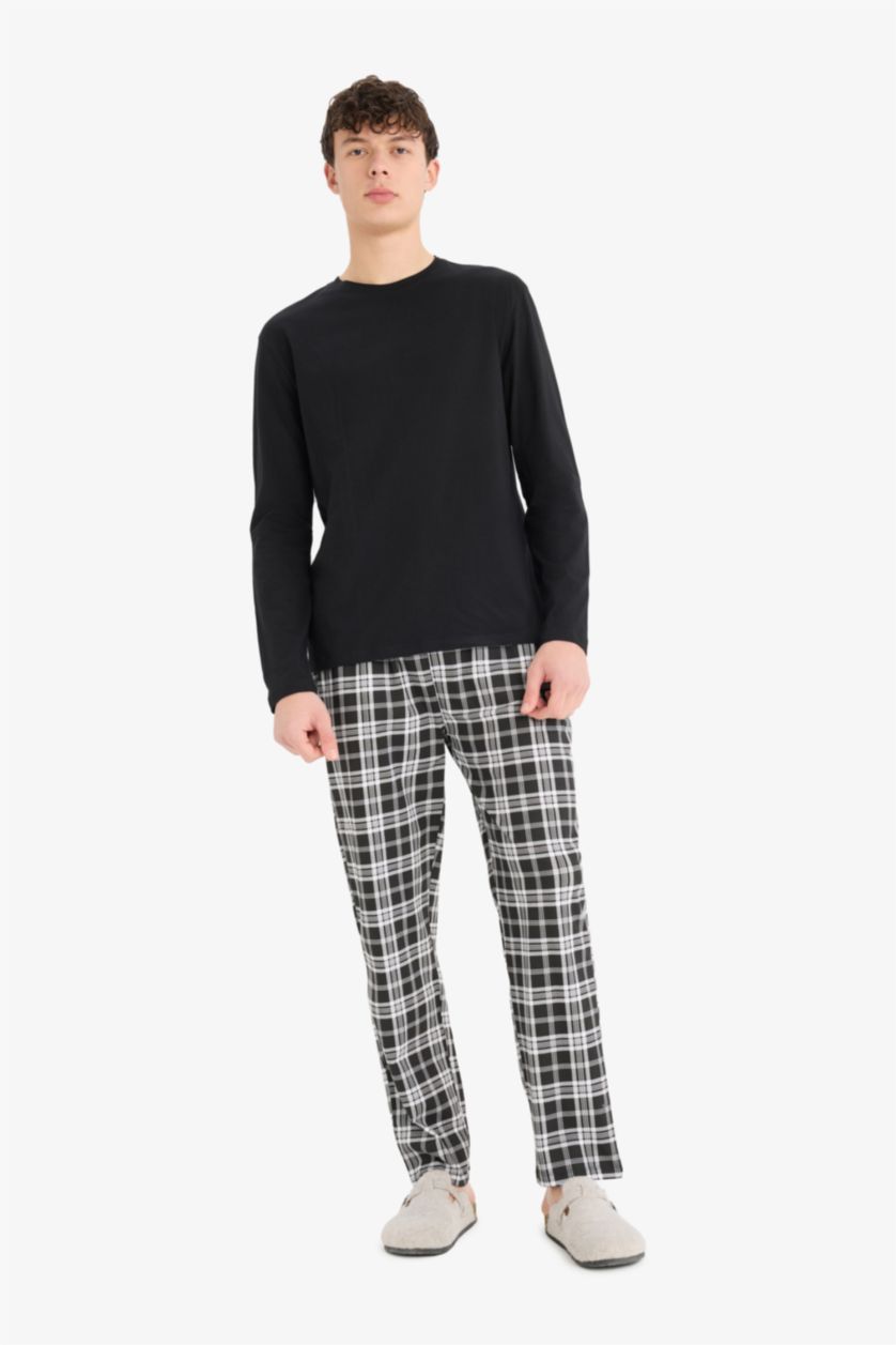 Erkek Siyah Regular Fit Pijama Takımı Uzun Kollu Üst Beli Lastikli Kareli Alt