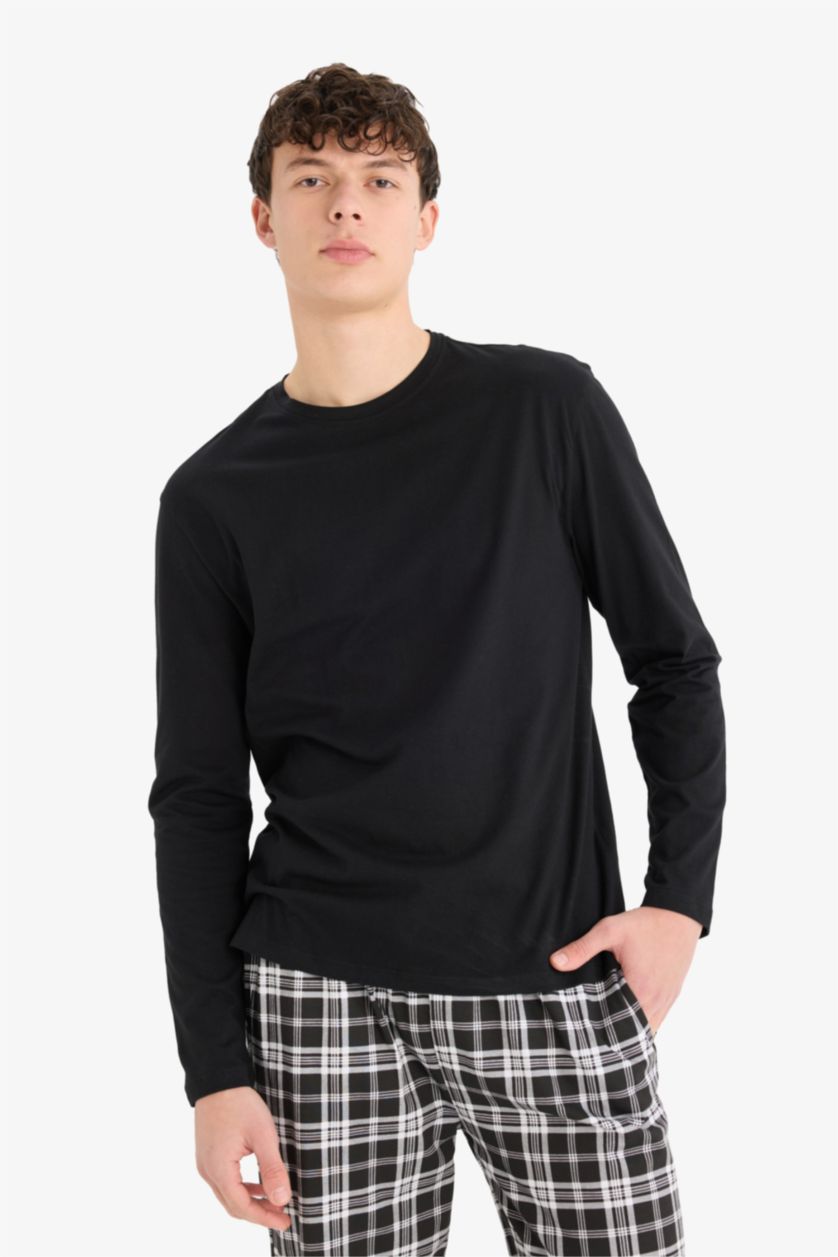 Erkek Siyah Regular Fit Pijama Takımı Uzun Kollu Üst Beli Lastikli Kareli Alt