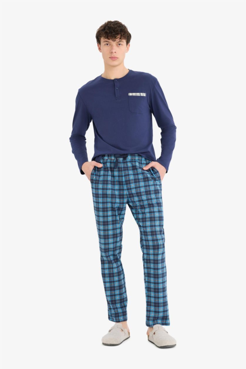 Erkek Lacivert Regular Fit Kareli Cepli Pijama Altı