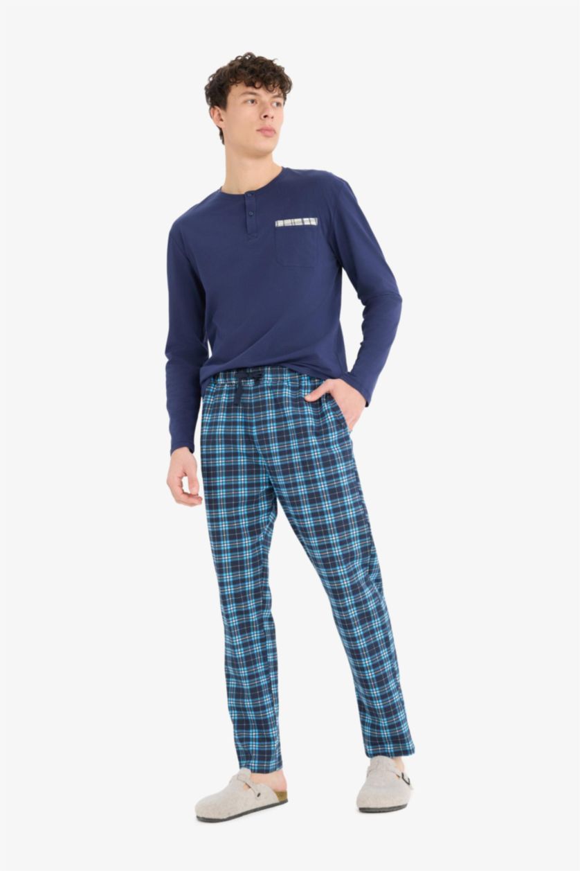 Erkek Lacivert Regular Fit Kareli Cepli Pijama Altı