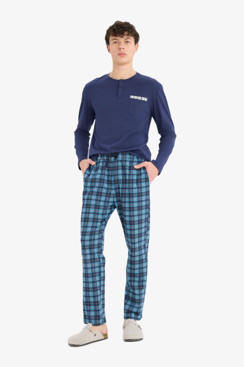 Erkek Lacivert Regular Fit Kareli Cepli Pijama Altı