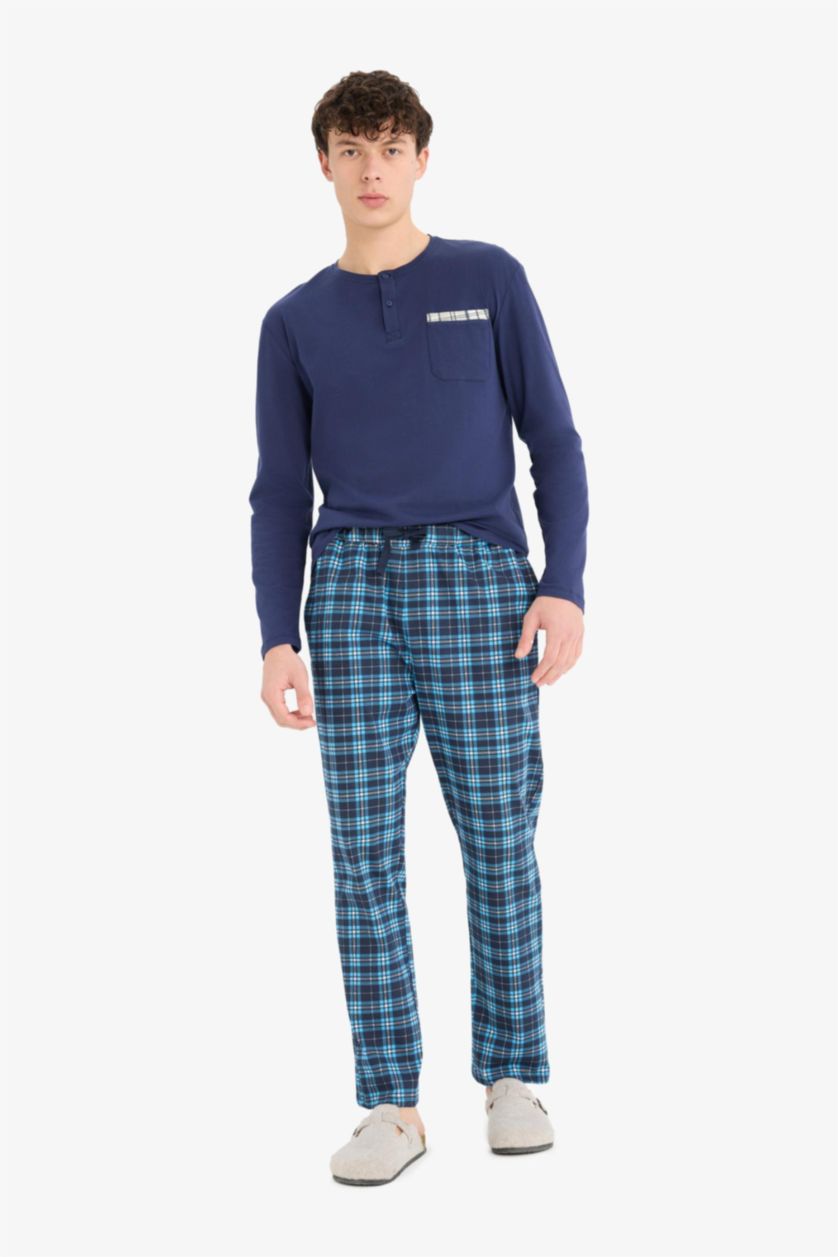 Erkek Lacivert Regular Fit Kareli Cepli Pijama Altı