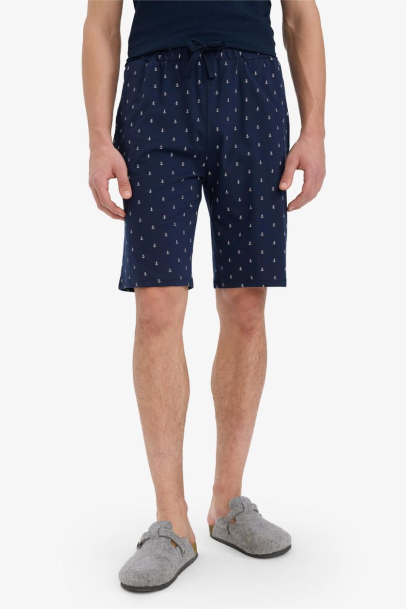 Erkek Lacivert %100 Pamuk Regular Fit Desenli Cepli Şort Pijama Altı