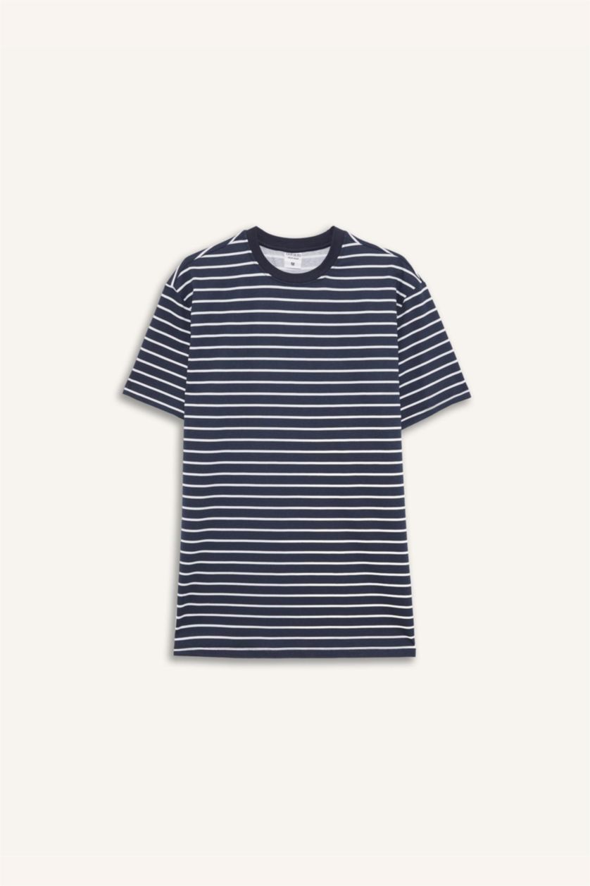 رجال كحلي سيت بجامة مخطط قصة عادية نص ردن - قطعتين