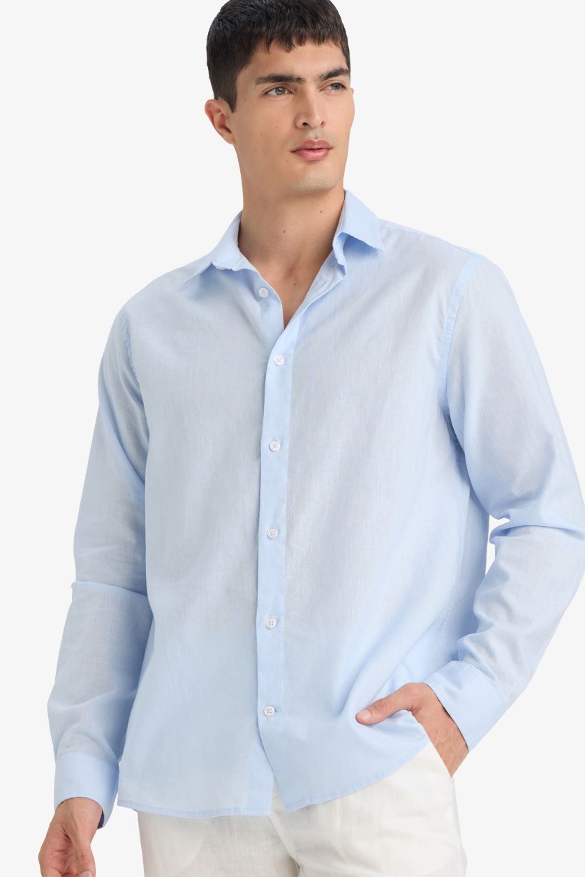 Erkek Açık Mavi Regular Fit Polo Yaka Keten Karışımlı Yazlık Uzun Kollu Gömlek