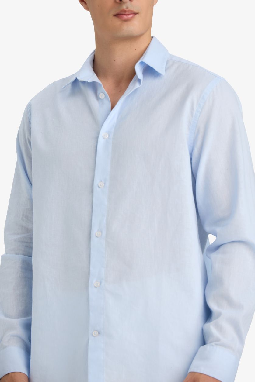 Erkek Açık Mavi Regular Fit Polo Yaka Keten Karışımlı Yazlık Uzun Kollu Gömlek