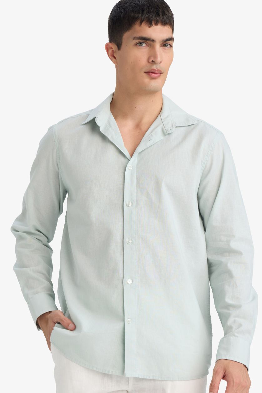 Erkek Mint Regular Fit Polo Yaka Keten Karışımlı Yazlık Uzun Kollu Gömlek