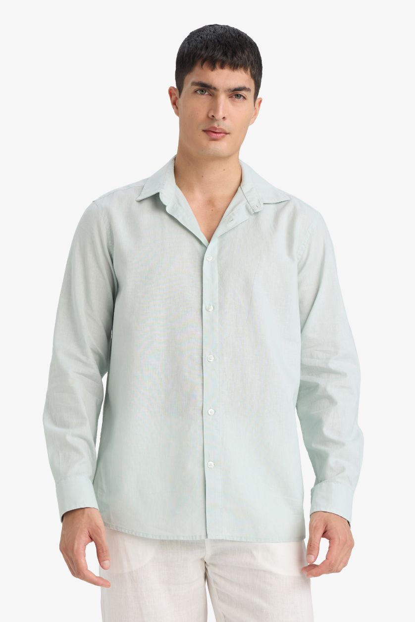 Erkek Mint Regular Fit Polo Yaka Keten Karışımlı Yazlık Uzun Kollu Gömlek