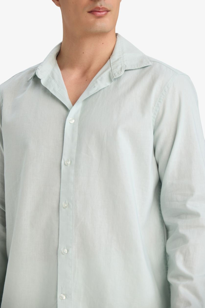 Erkek Mint Regular Fit Polo Yaka Keten Karışımlı Yazlık Uzun Kollu Gömlek