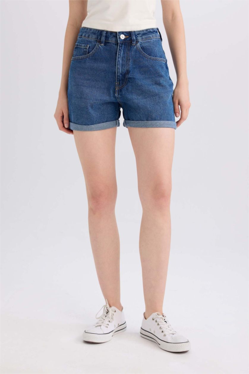 Женщины Темно-голубой Джинсовые шорты с высокой посадкой и отворотами