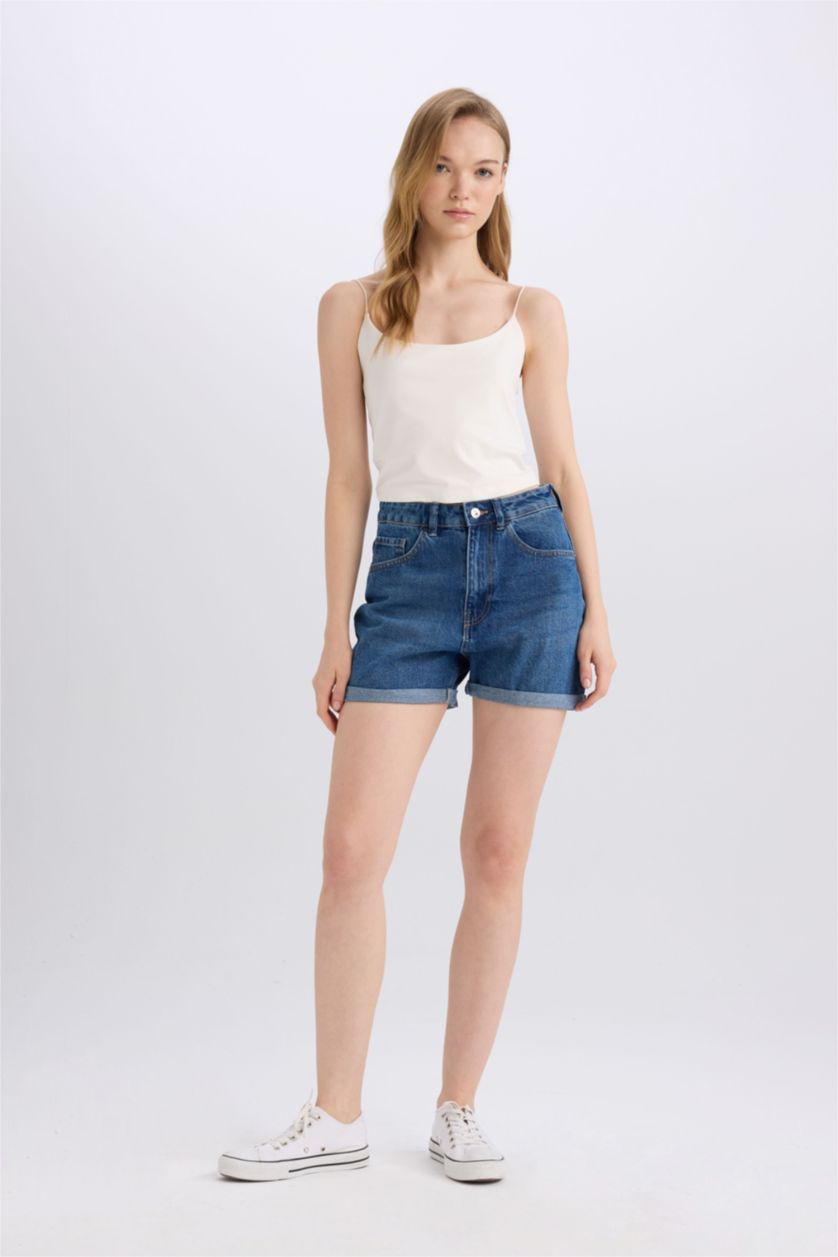 Женщины Темно-голубой Джинсовые шорты с высокой посадкой и отворотами