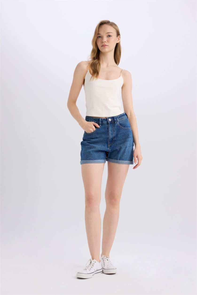 Женщины Темно-голубой Джинсовые шорты с высокой посадкой и отворотами