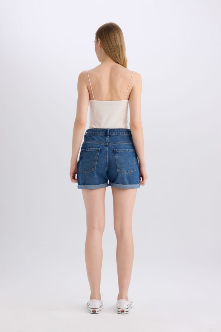 Женщины Темно-голубой Джинсовые шорты с высокой посадкой и отворотами