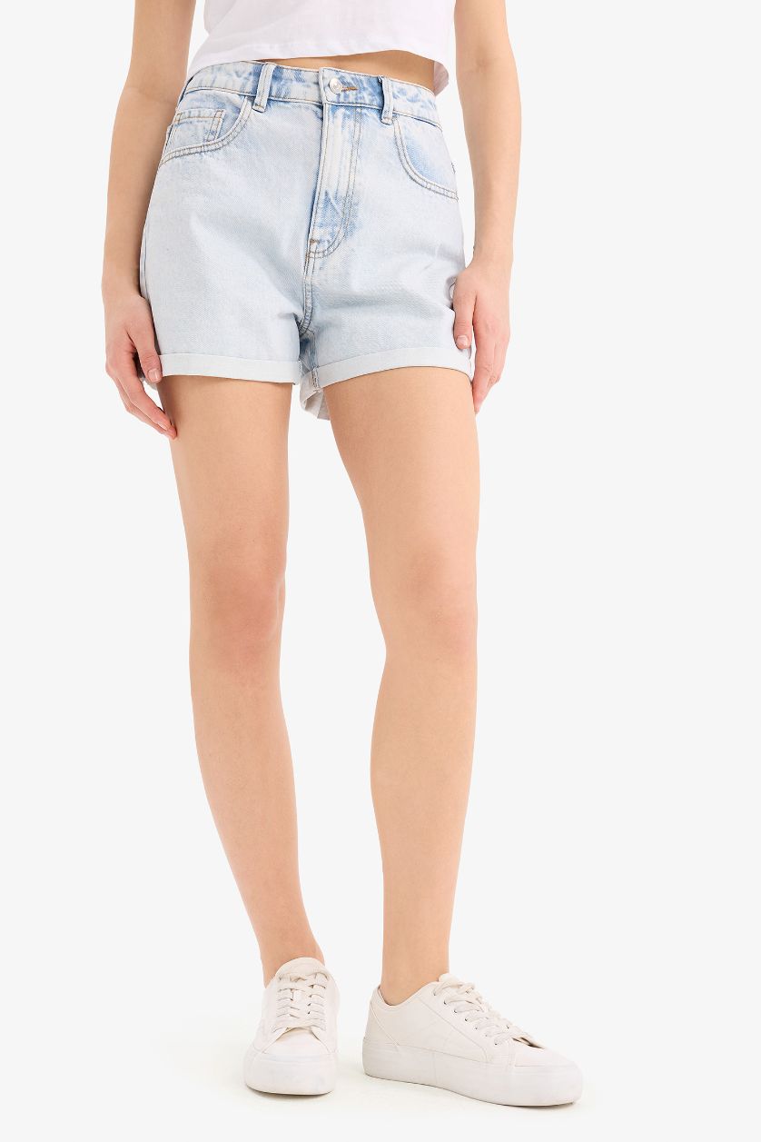 Женщины Светло-синий Mom Fit Высокая талия с манжетами Джинсовые шорты