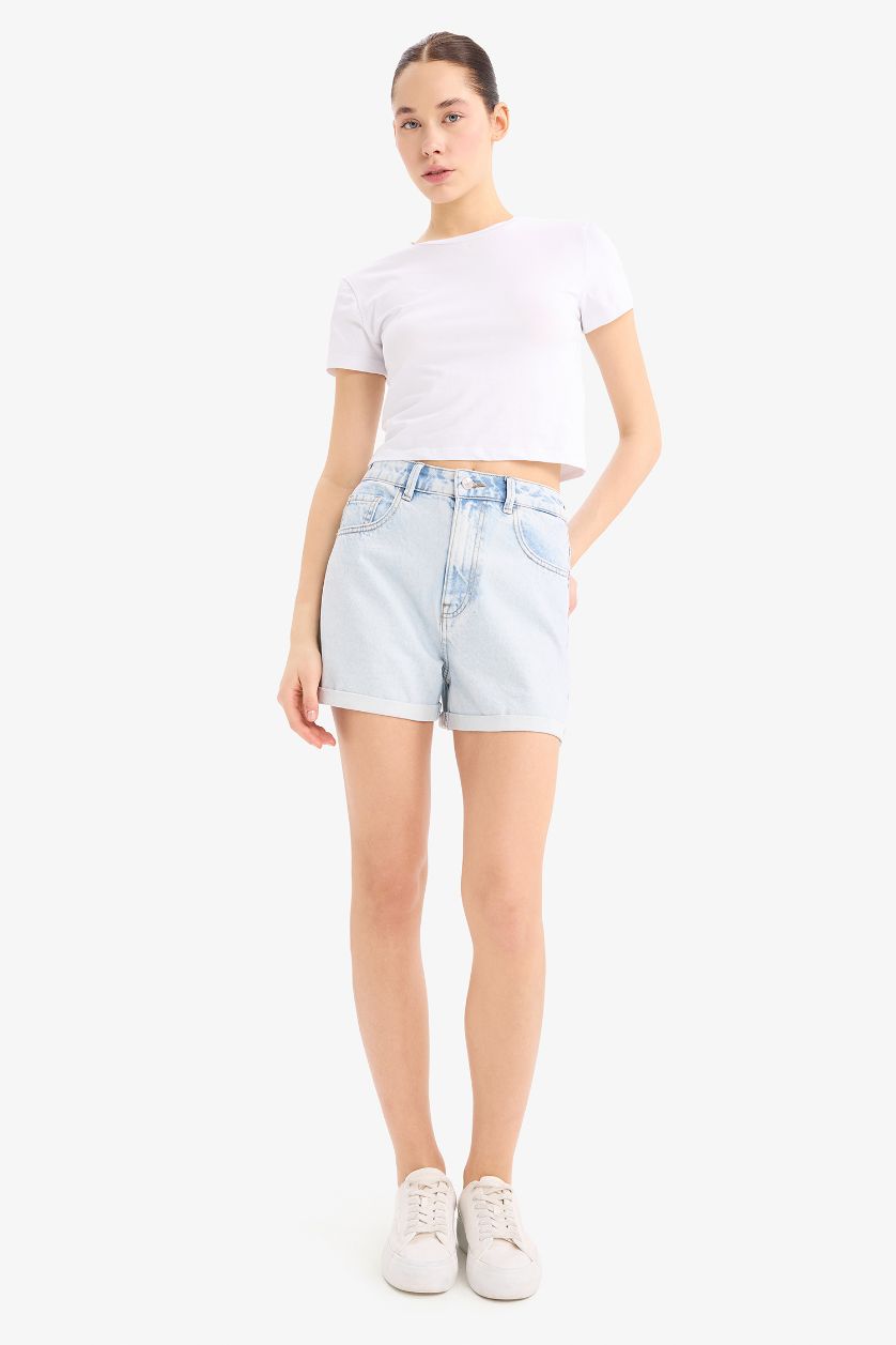 Женщины Светло-синий Mom Fit Высокая талия с манжетами Джинсовые шорты