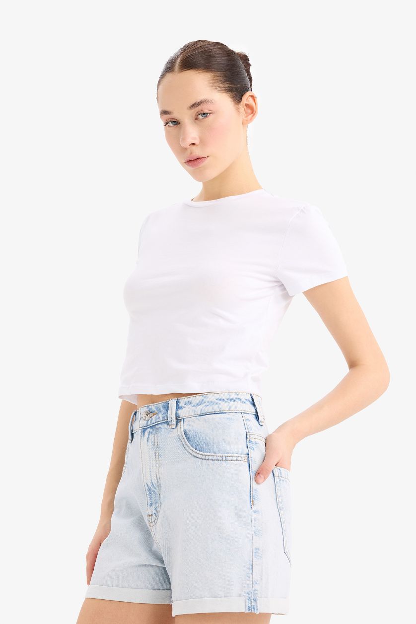 Женщины Светло-синий Mom Fit Высокая талия с манжетами Джинсовые шорты