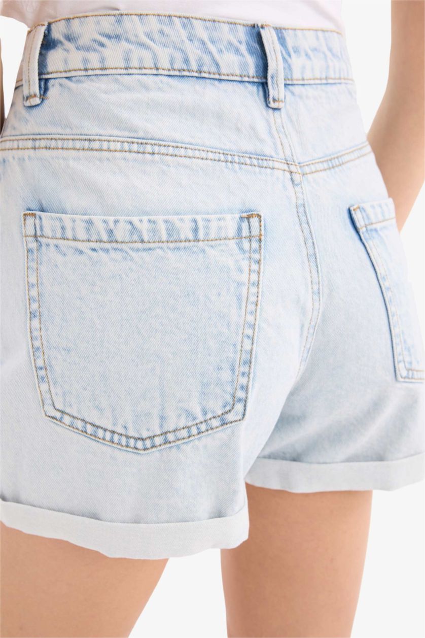 Женщины Светло-синий Mom Fit Высокая талия с манжетами Джинсовые шорты