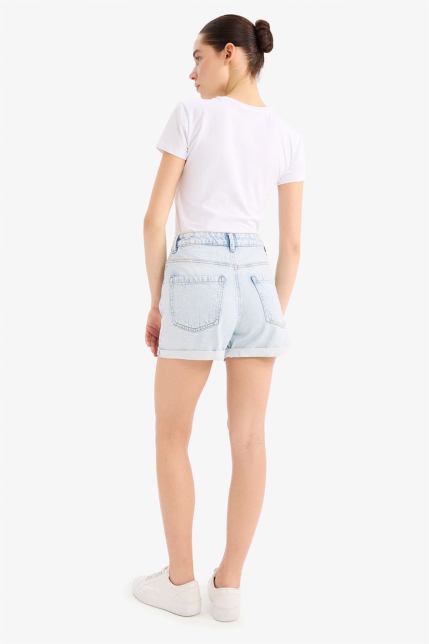 Женщины Светло-синий Mom Fit Высокая талия с манжетами Джинсовые шорты