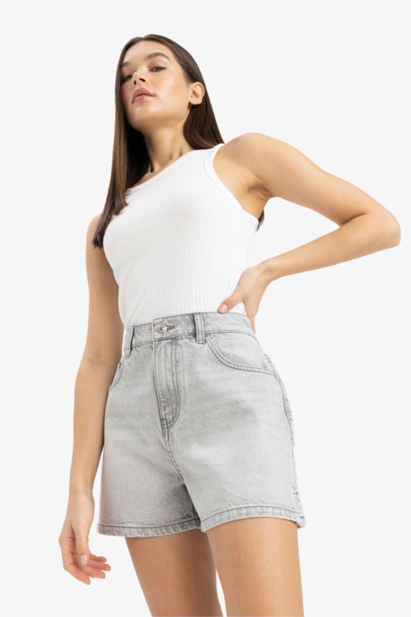 نساء رمادي شورت جينز قصير موم فيت بخصر عالي