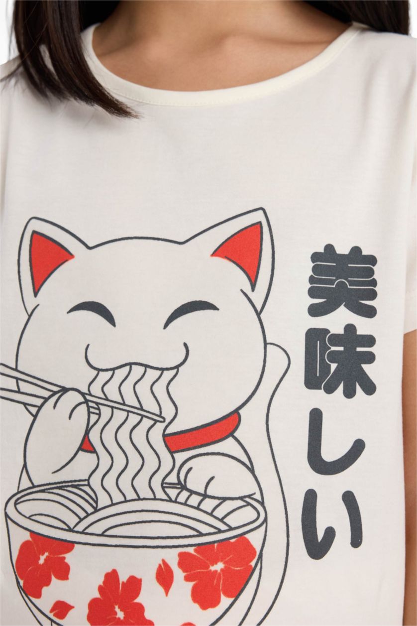 Kız Çocuk - Genç Kız Ekru %100 Pamuklu Anime Baskılı Pijama Takımı Kız Çocuk