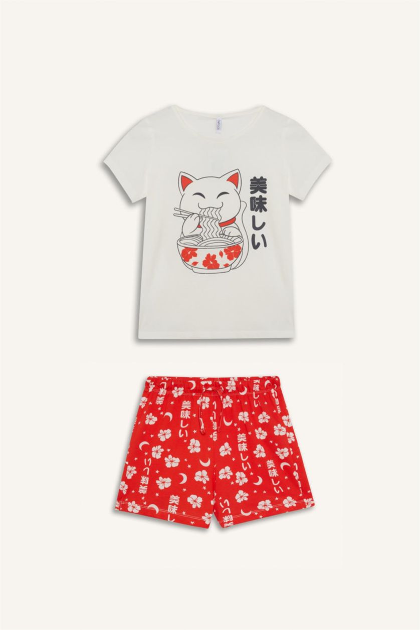 Kız Çocuk - Genç Kız Ekru %100 Pamuklu Anime Baskılı Pijama Takımı Kız Çocuk