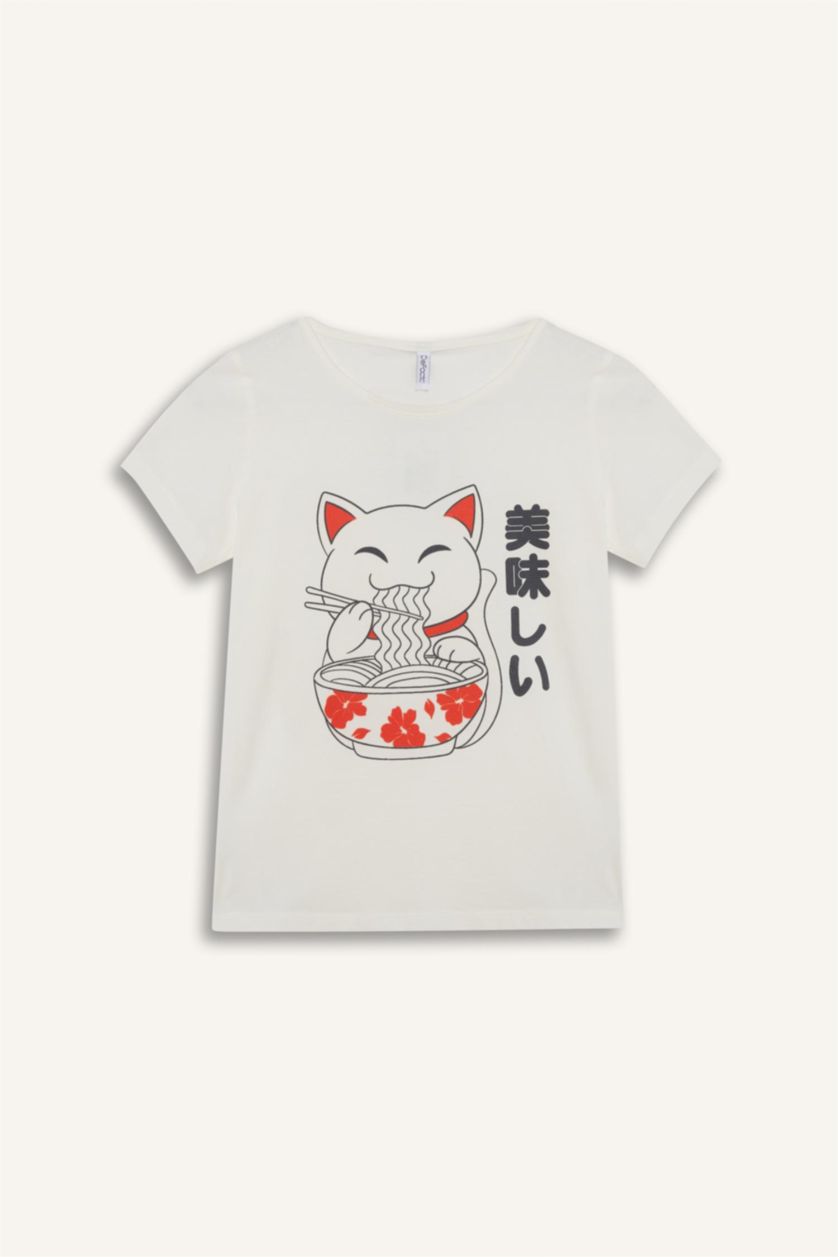 Kız Çocuk - Genç Kız Ekru %100 Pamuklu Anime Baskılı Pijama Takımı Kız Çocuk