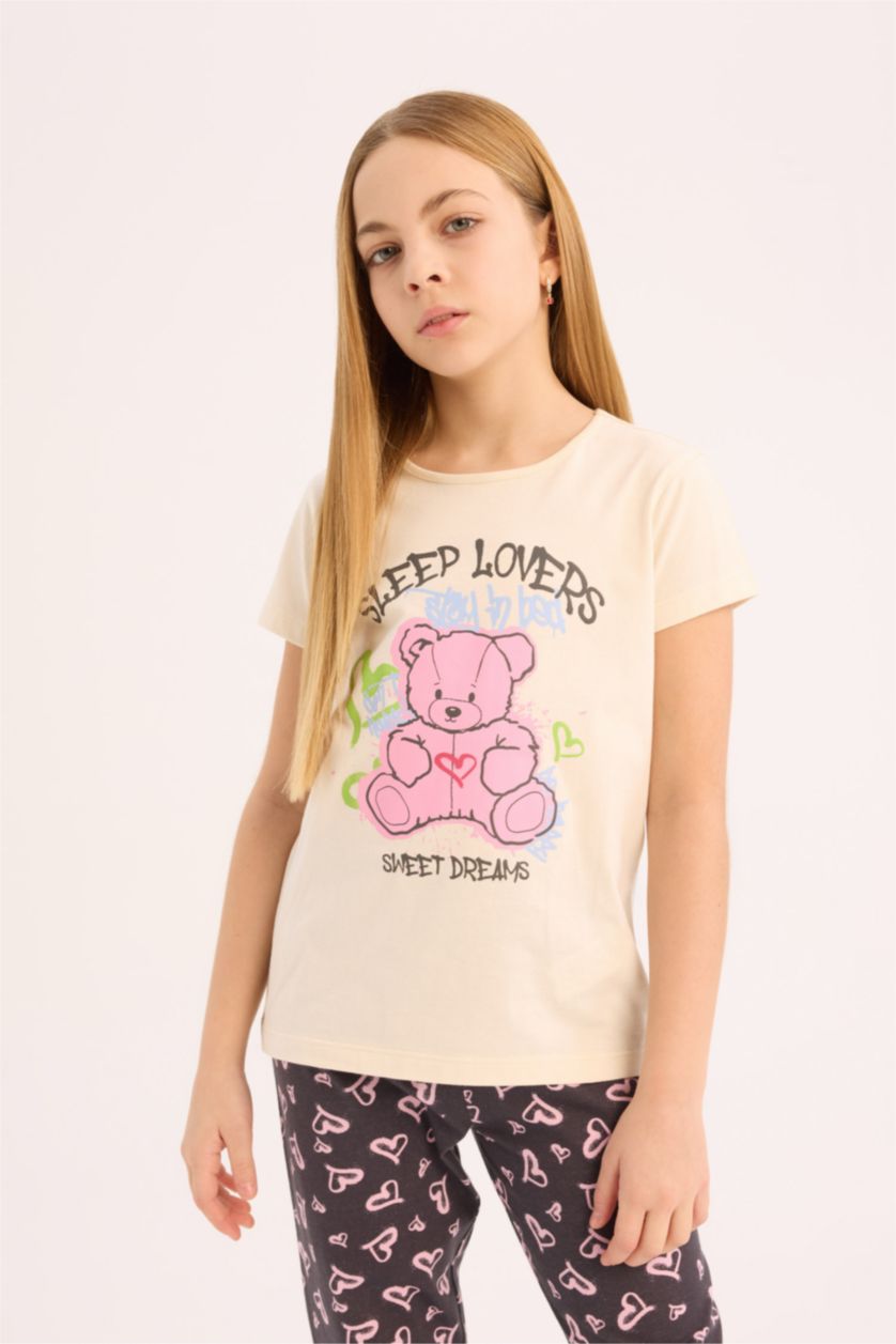 Kız Çocuk - Genç Kız Ekru Pijama Takımı Bisiklet Yaka Baskılı Kısa Kollu Üst Beli Lastikli Desenli Alt Kız Çocuk