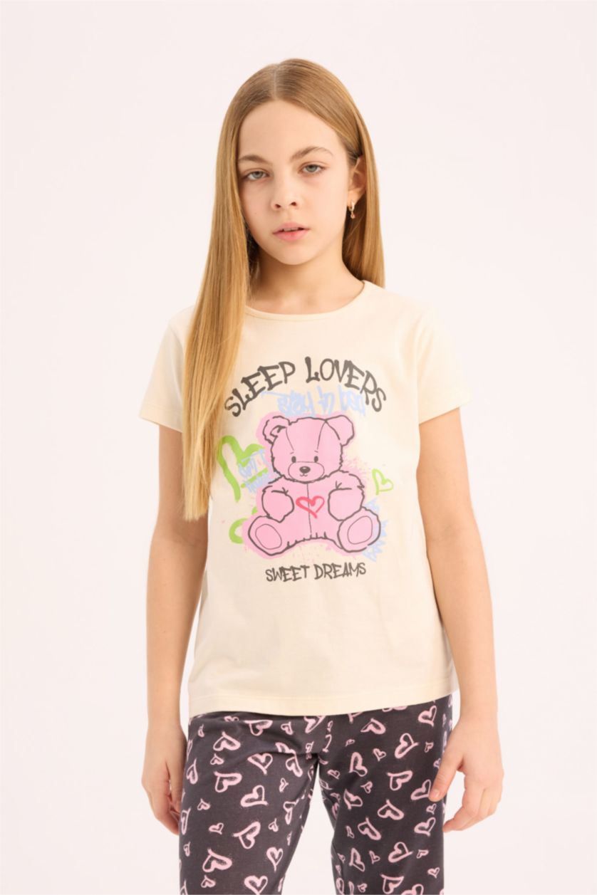 Kız Çocuk - Genç Kız Ekru Pijama Takımı Bisiklet Yaka Baskılı Kısa Kollu Üst Beli Lastikli Desenli Alt Kız Çocuk