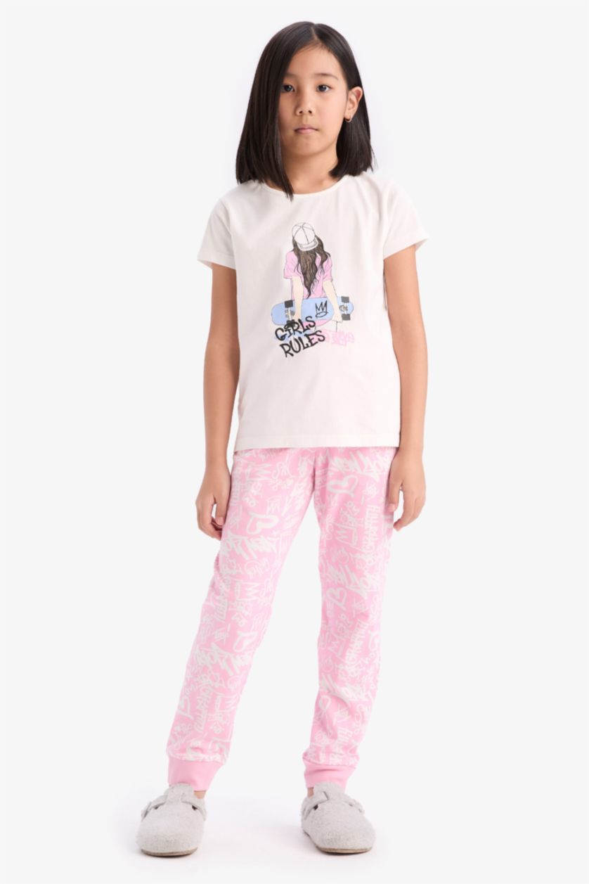 Kız Çocuk - Genç Kız Ekru Pijama Takımı Baskılı Kısa Kollu Üst Uzun Alt Kız Çocuk