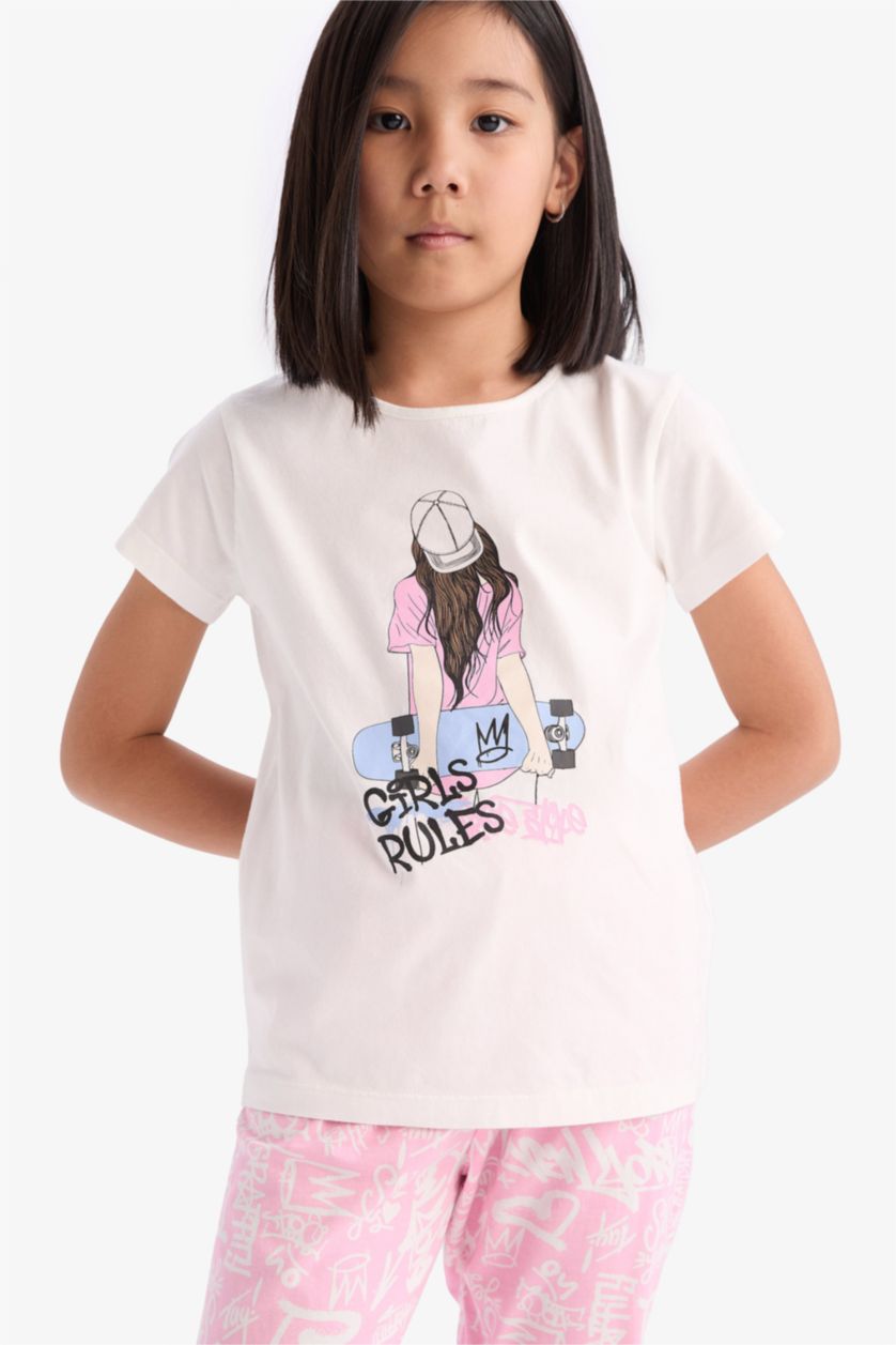 Kız Çocuk - Genç Kız Ekru Pijama Takımı Baskılı Kısa Kollu Üst Uzun Alt Kız Çocuk