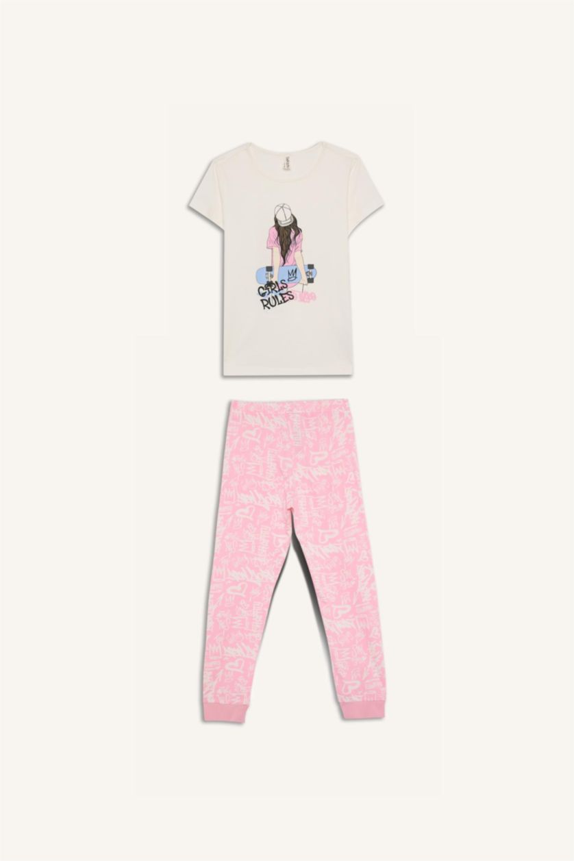 Kız Çocuk - Genç Kız Ekru Pijama Takımı Baskılı Kısa Kollu Üst Uzun Alt Kız Çocuk