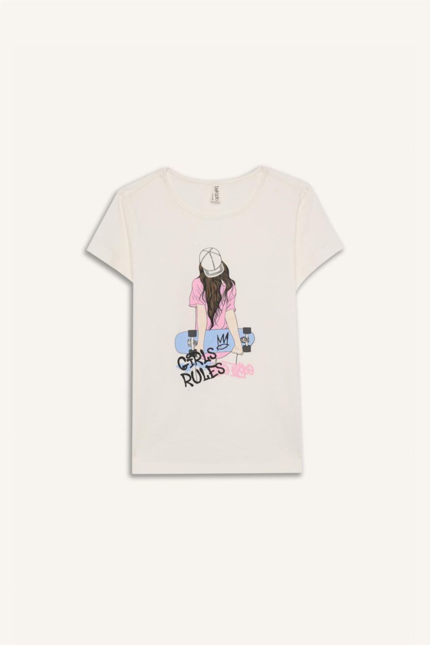 Kız Çocuk - Genç Kız Ekru Pijama Takımı Baskılı Kısa Kollu Üst Uzun Alt Kız Çocuk