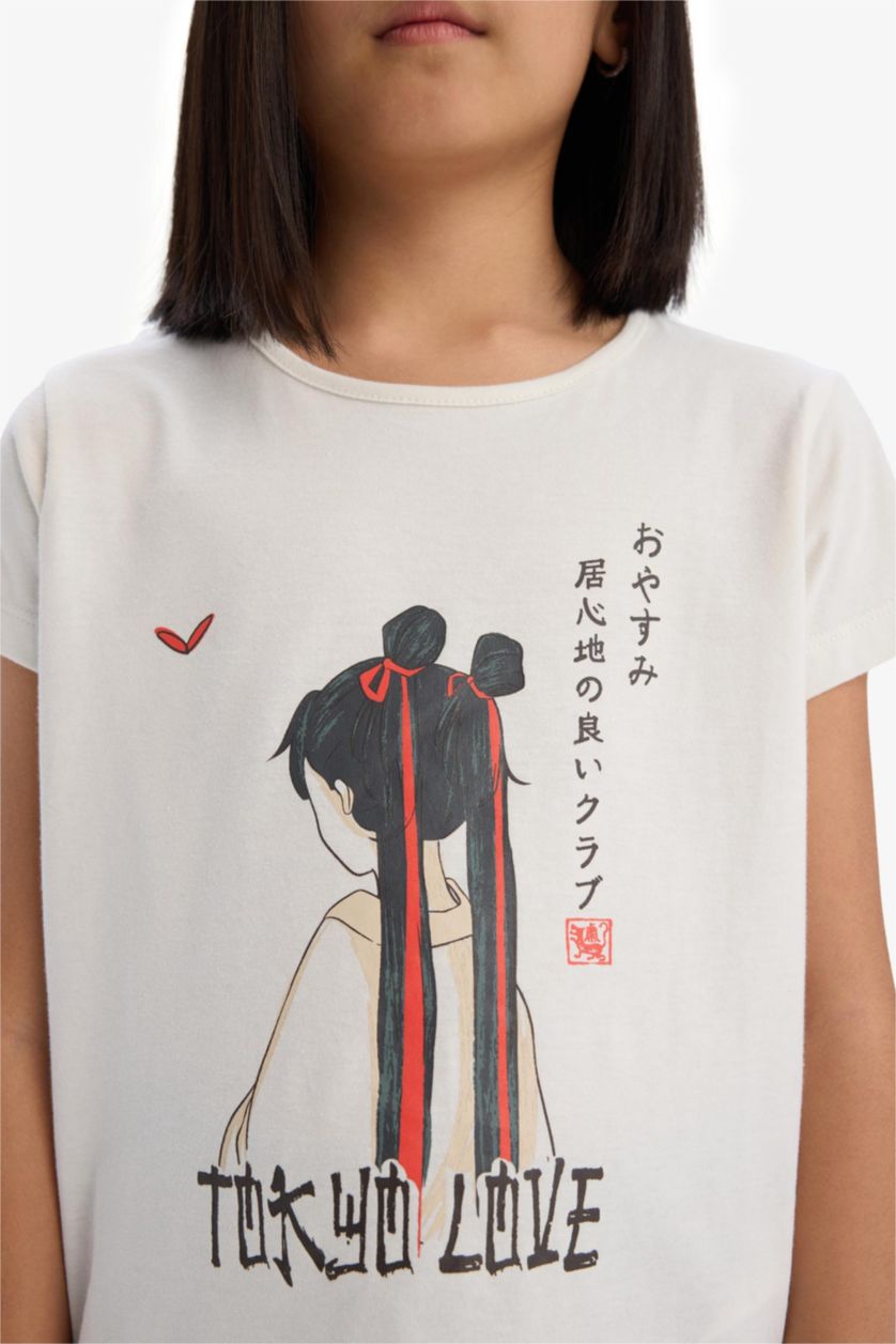 Kız Çocuk - Genç Kız Ekru %100 Pamuklu Anime Baskılı Pijama Takımı Kız Çocuk