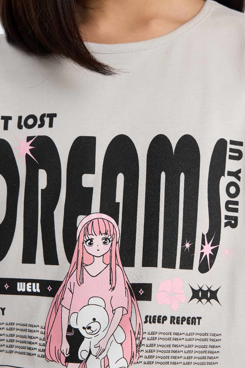 Kız Çocuk - Genç Kız Gri %100 Pamuklu Anime Baskılı Pijama Takımı Kız Çocuk