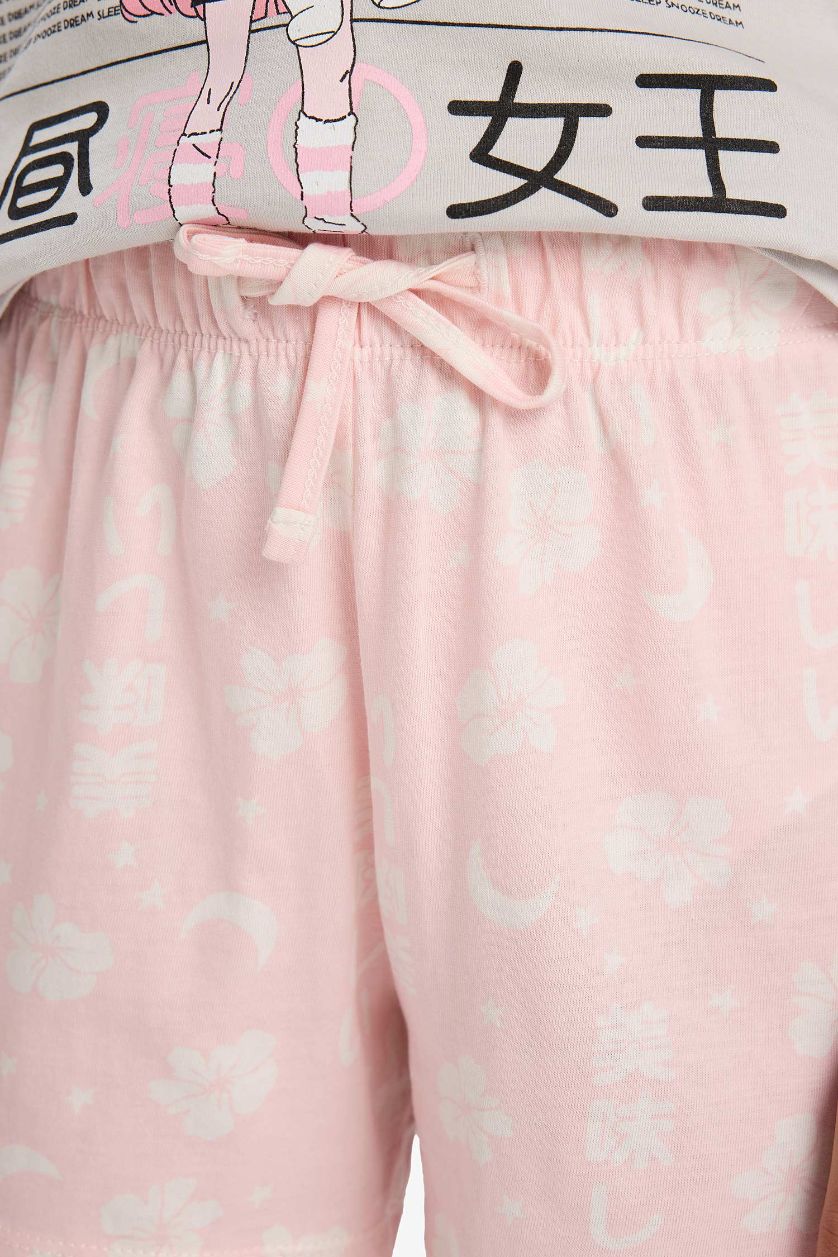 Kız Çocuk - Genç Kız Gri %100 Pamuklu Anime Baskılı Pijama Takımı Kız Çocuk