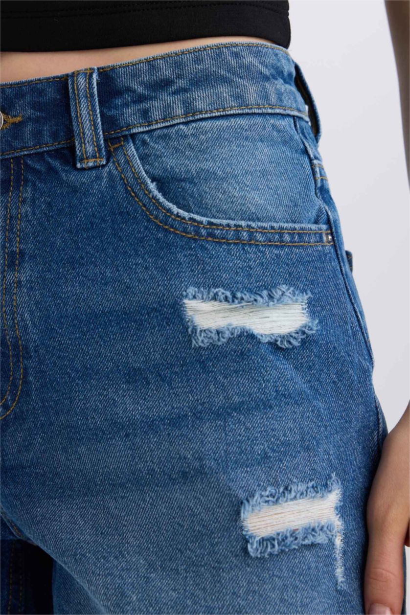 Женщины Голубрй Джинсовые шорты с высокой посадкой и отворотами