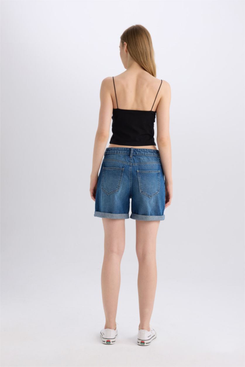 Женщины Голубрй Джинсовые шорты с высокой посадкой и отворотами