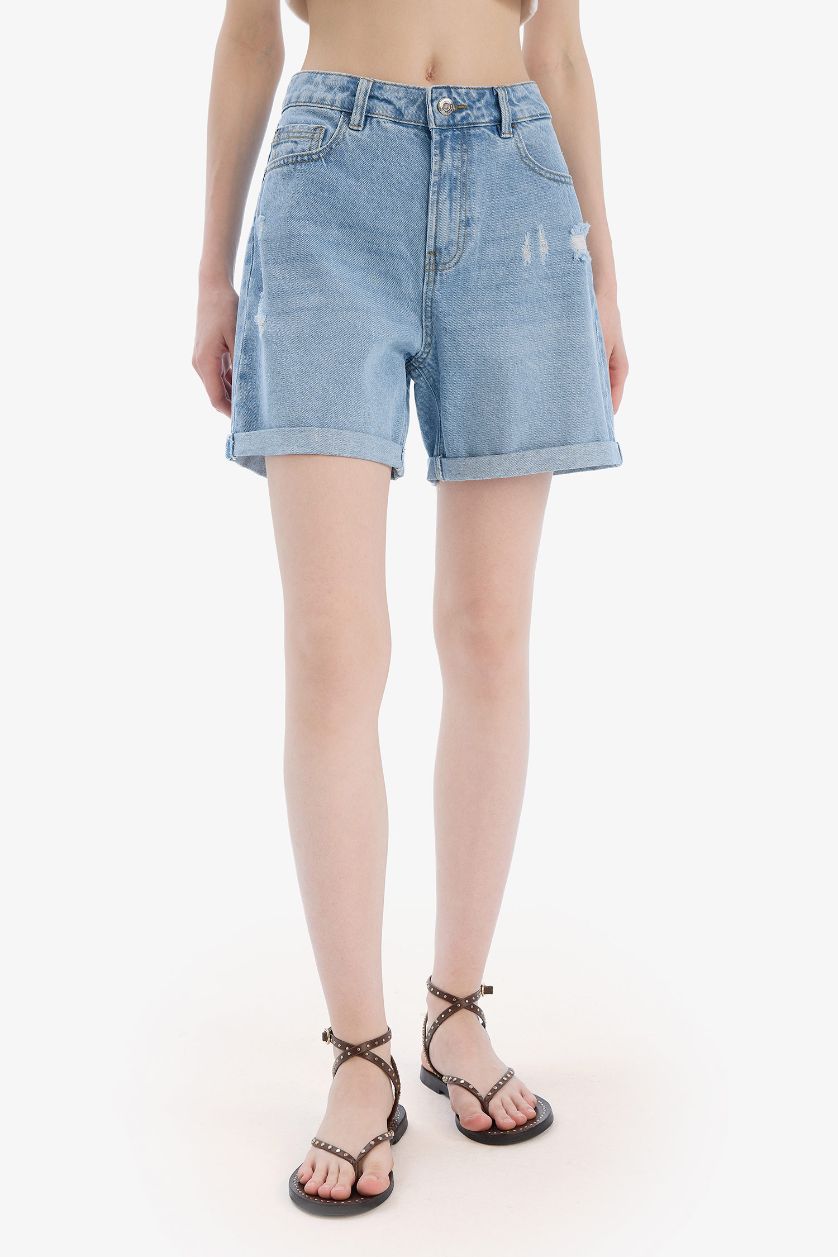 Женщины Светло-синий Boyfriend Высокая Посадка Подкатанные Джинсовые Шорты