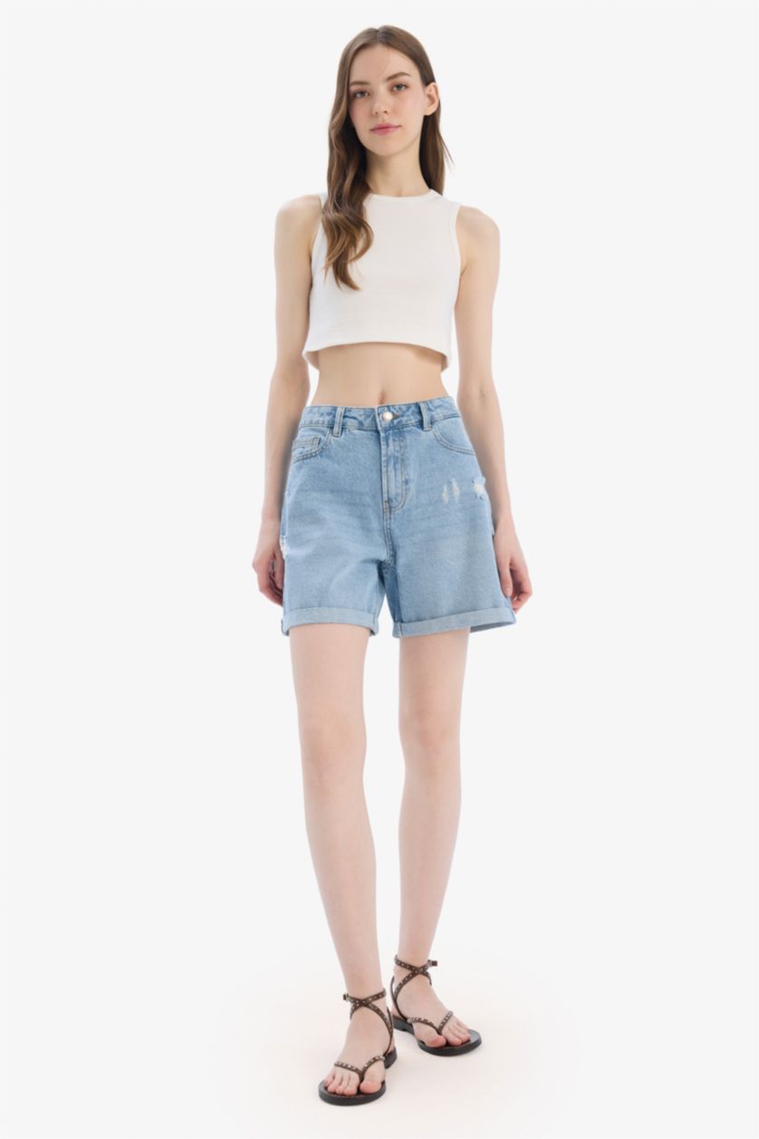Женщины Светло-синий Boyfriend Высокая Посадка Подкатанные Джинсовые Шорты