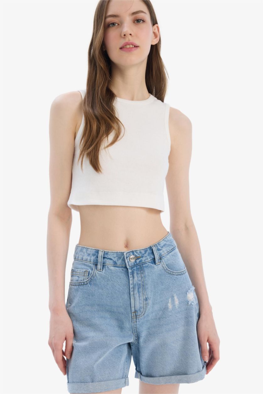 Женщины Светло-синий Boyfriend Высокая Посадка Подкатанные Джинсовые Шорты