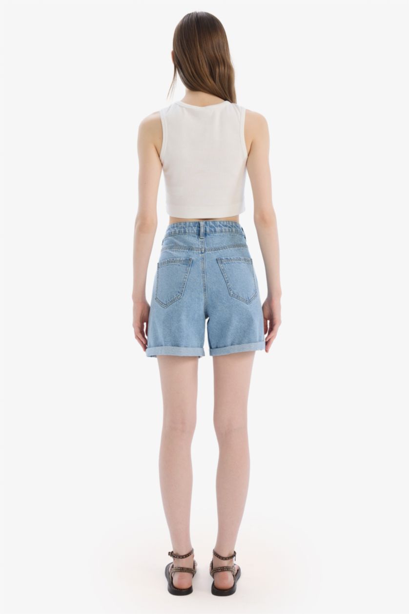 Женщины Светло-синий Boyfriend Высокая Посадка Подкатанные Джинсовые Шорты