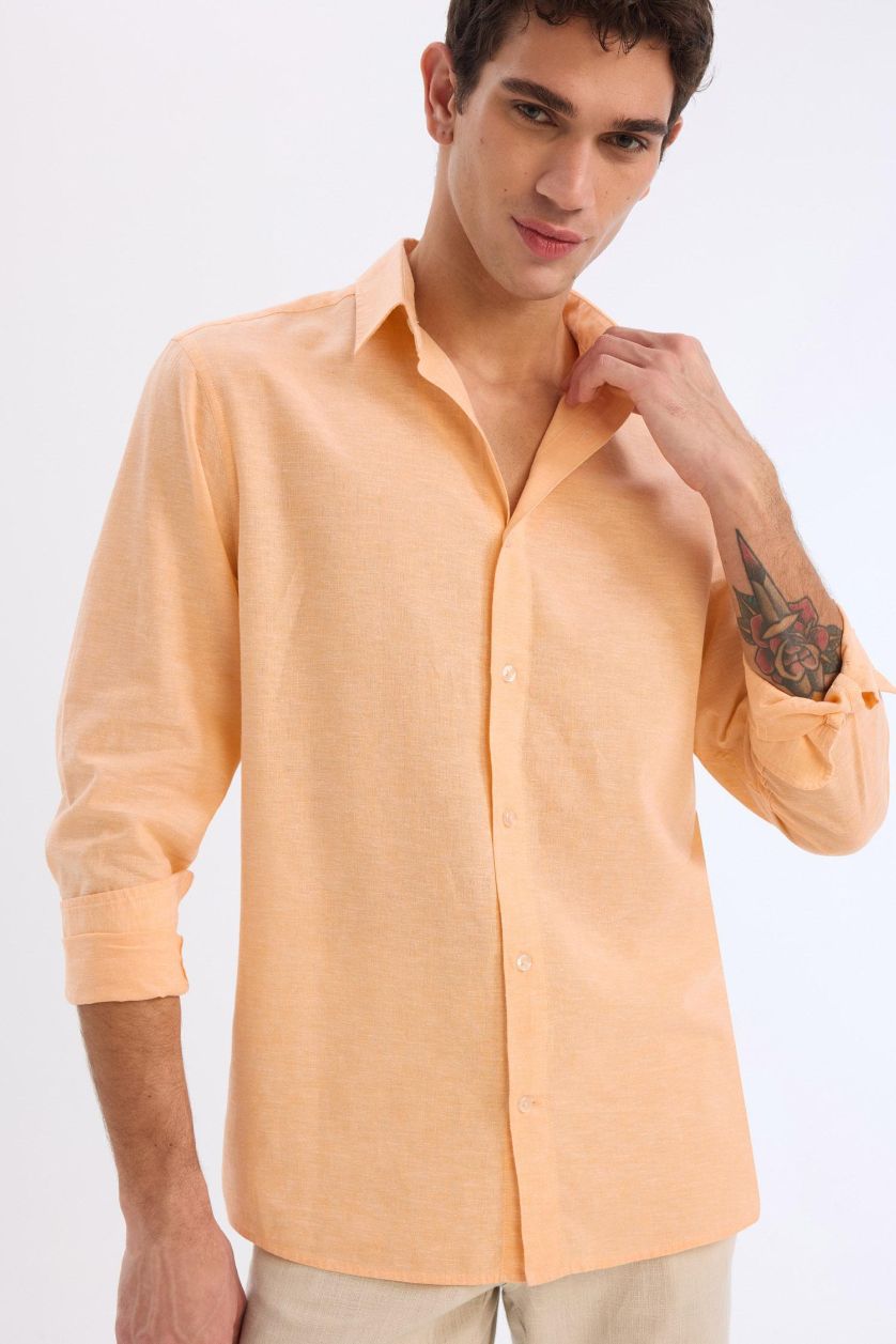 Erkek Somon Regular Fit Polo Yaka Keten Karışımlı Yazlık Uzun Kollu Gömlek