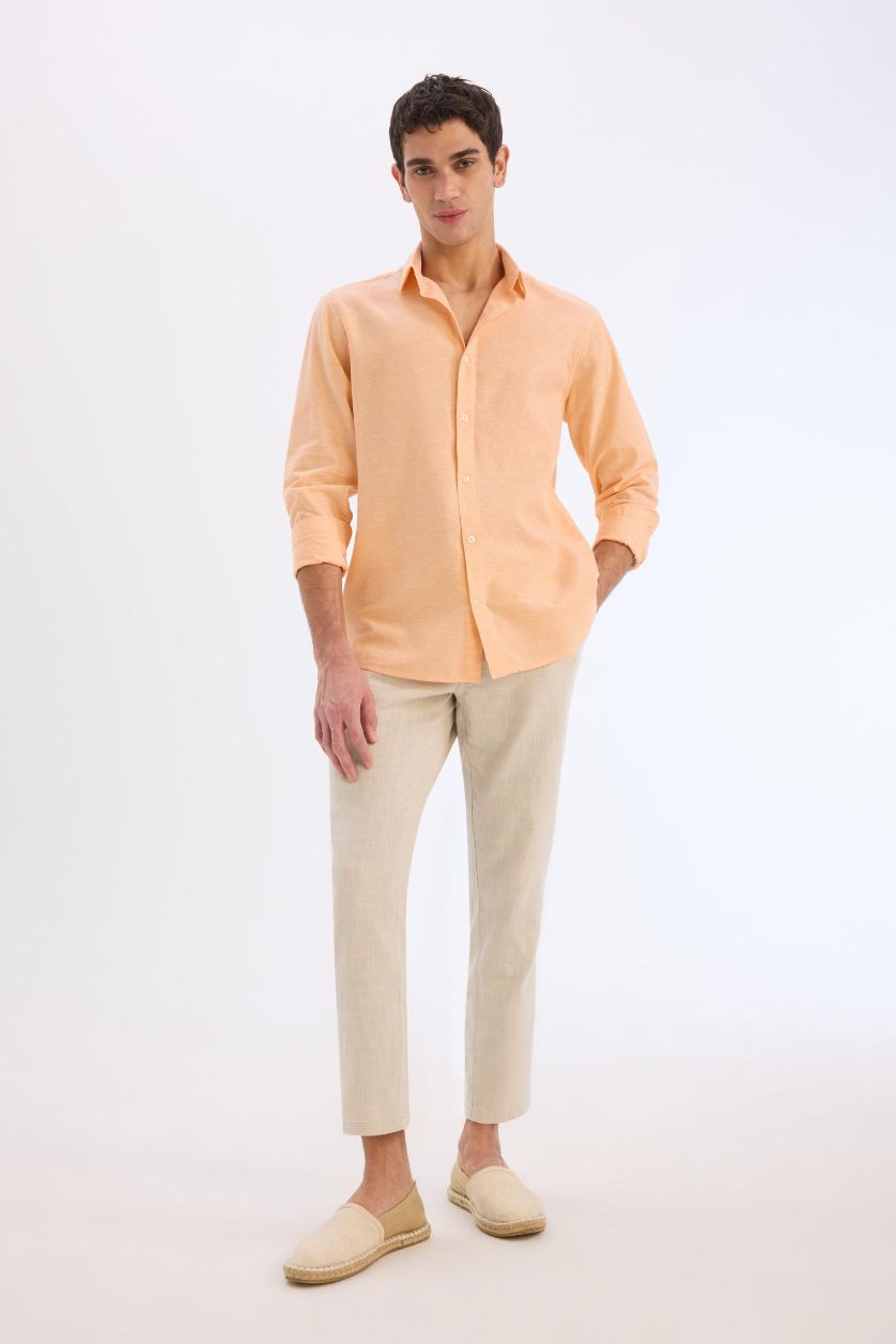 Erkek Somon Regular Fit Polo Yaka Keten Karışımlı Yazlık Uzun Kollu Gömlek